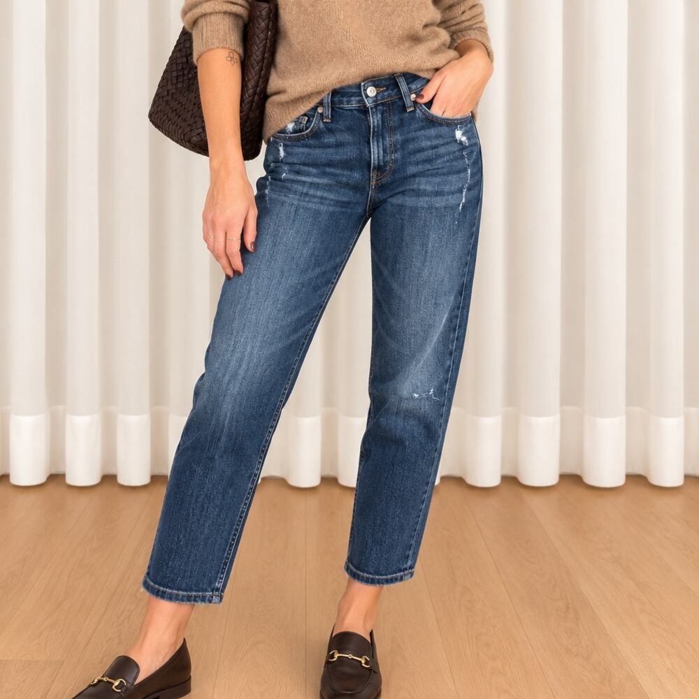 FRAME Le Garçon Distressed Mid Rise Crop Jeans Dark Wash